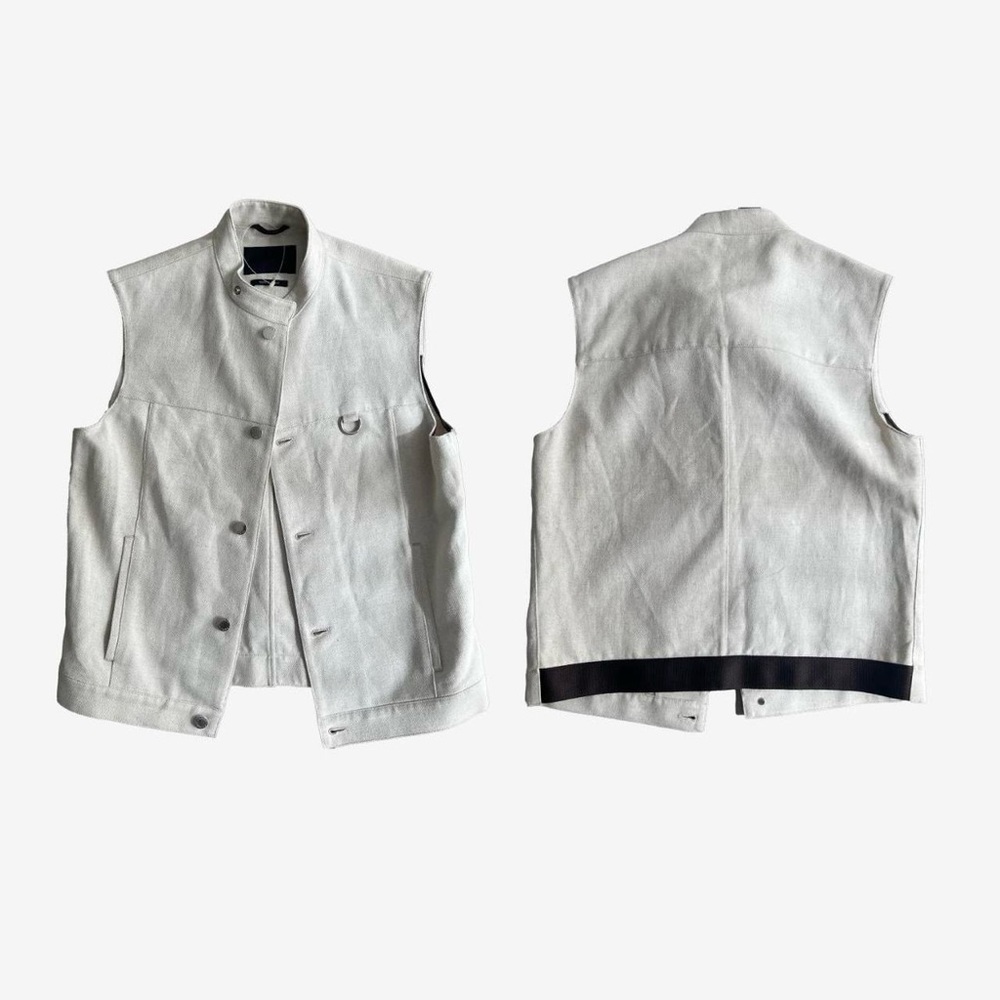 VINTAGE PRADA Mens Gilet Vest solid beige cotton linen canvas button front